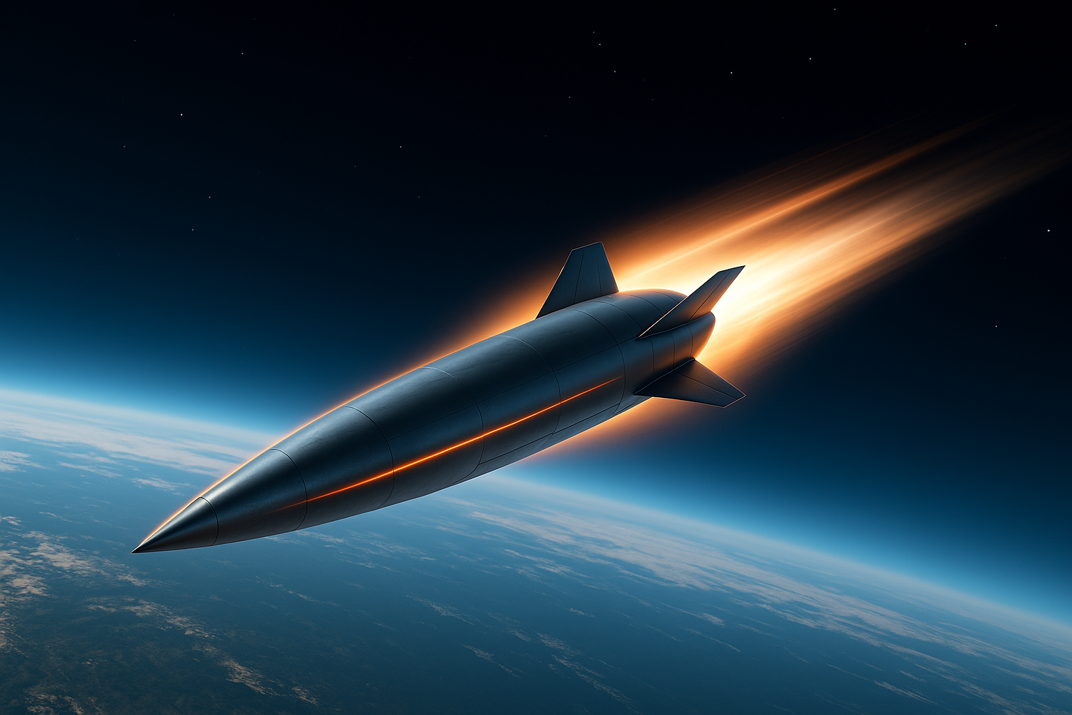 Digital rendering of a hypersonic missile flying at Mach 5