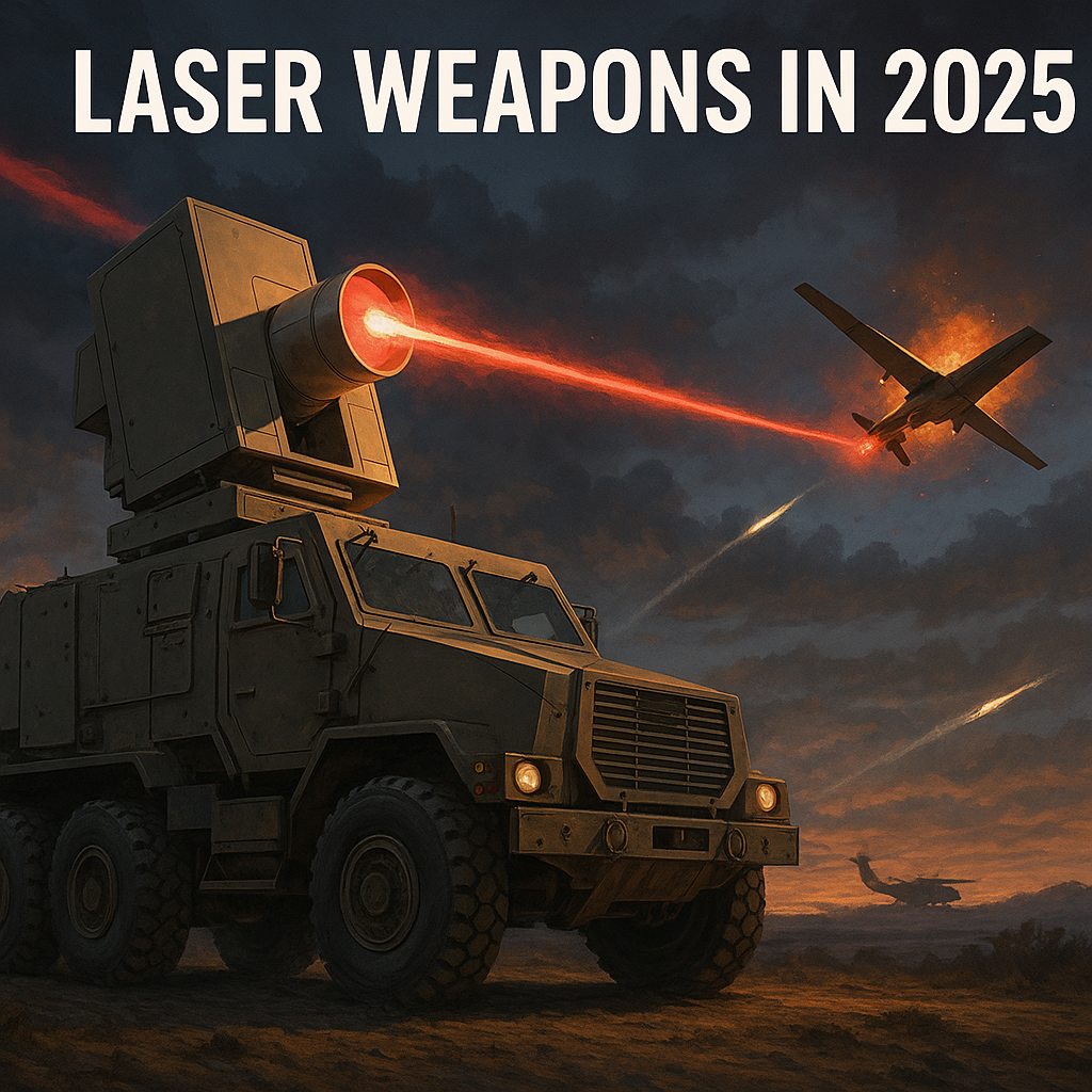 A military laser weapon system mounted on a tactical vehicle fires a high-energy beam at a drone in the sky during sunset in 2025, symbolizing future warfare technology
